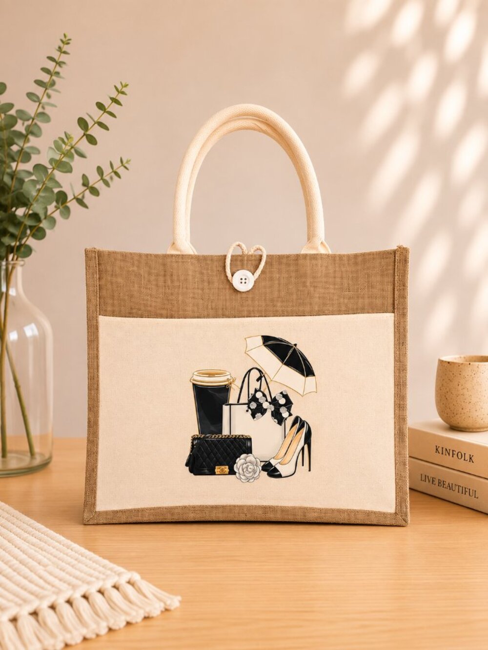 Custom Canvas Tote Bag, Large Size - Fashion Theme #2 - Cream Tote